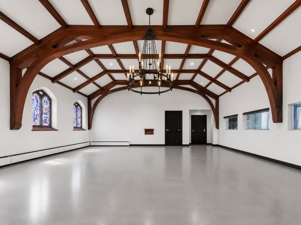 The cocktail room, empty, with a vaulted timber ceiling, ring chandelier and stained-glass windows