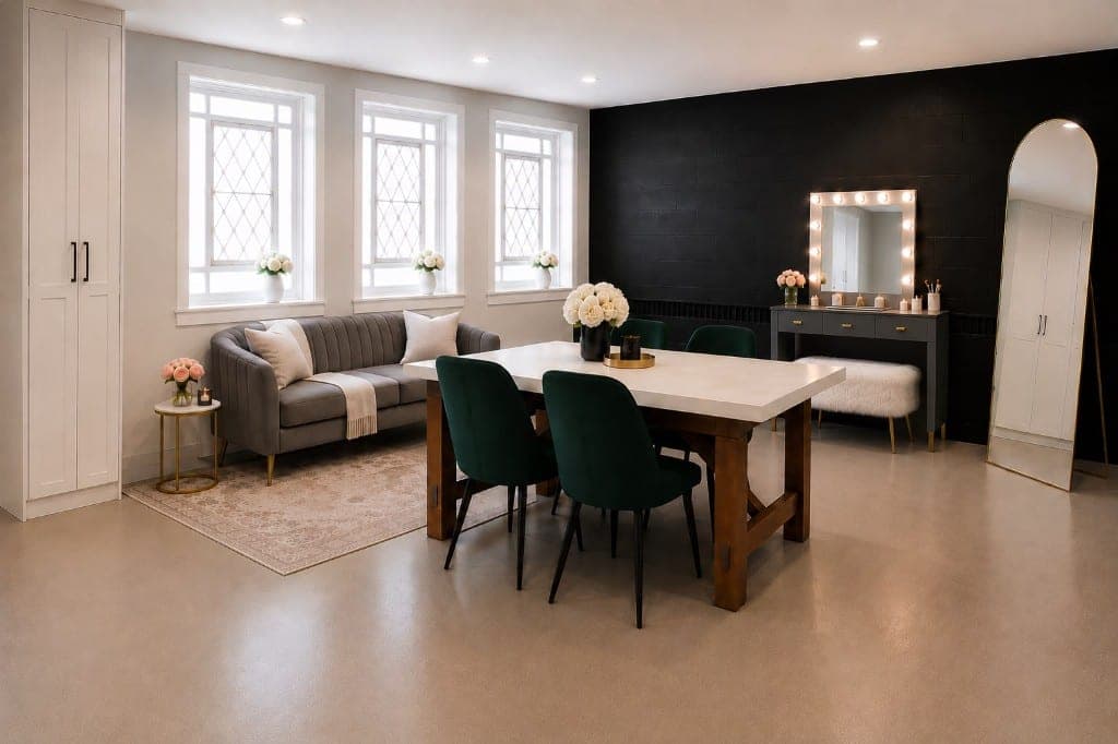 The bridal suite with a makeup desk, full-length mirror, sofa and a table for four